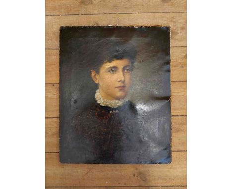 A late 19th Century unframed stretchered oil on canvas portrait of a woman - patched repair