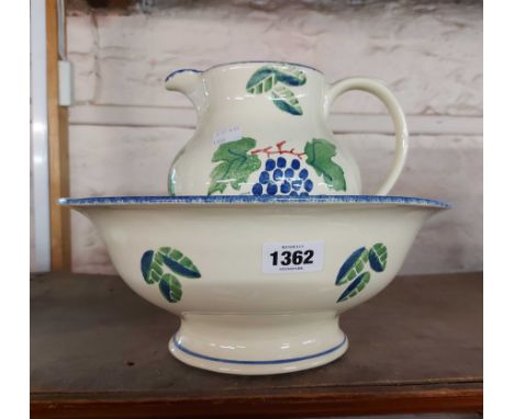 A Poole Pottery studio design jug and bowl with stencilled decoration - sold with a framed vintage medium format watercolour,