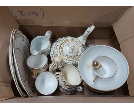 A box containing a quantity of mid 19th Century bone china gilt decorated teaware including teapot, cups and saucers, etc.