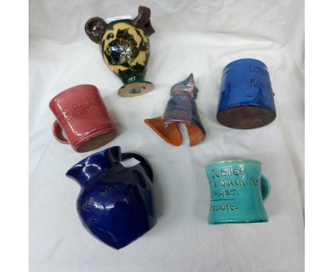 A Baron Barnstaple Pottery vase with sgraffito fish decoration and three coral form handles - sold with a Baron Pottery jug, 