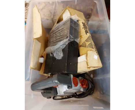 A crate containing a Major M588 CB Radio, an electric rotary hand drill and vintage C clamps