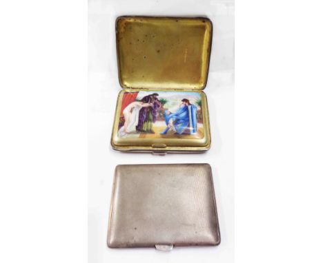 A continental marked 925 cigarette case with decorative polychrome classical scene to inner lid (slight damage) - sold with a