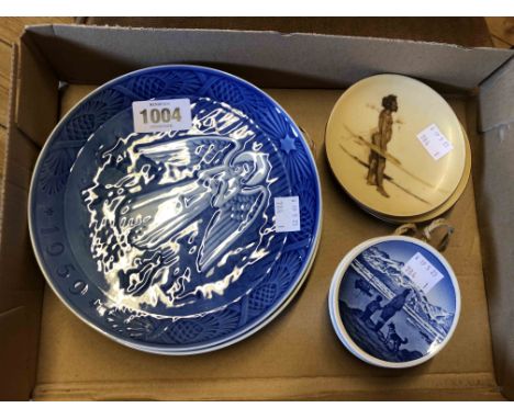 A Royal Copenhagen Christmas plate for 1959, a Bing &amp; Grondahl similar for 1966, three small Copenhagen blue and white pl