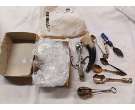 A Selfridge's cloth bag containing a quantity of collectable items including sterling silver souvenir spoon for Hyde Park, si