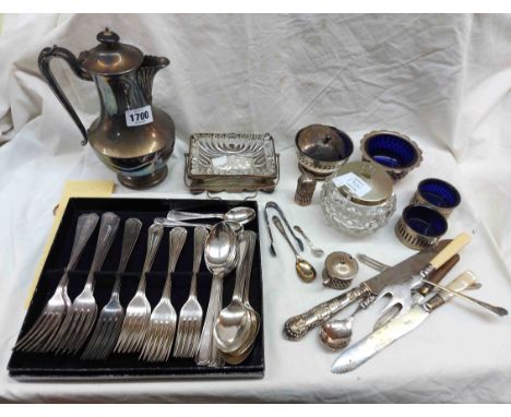 A small quantity of silver plated items including cased and loose cutlery, hot water jug a/f, salts, other condiments and pre