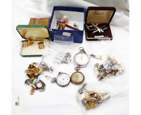 A bag containing a collection of vintage and other cuff-links, also an 800 grade cased lever fob watch and others