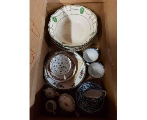 A box containing a small quantity of assorted ceramics including Aynsley bone china Cup of Knowledge cup and saucer, three ea