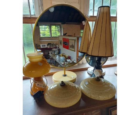 A selection of mid Century items comprising a pair of hanging glass shades with internal enamel decoration, an amber glass la