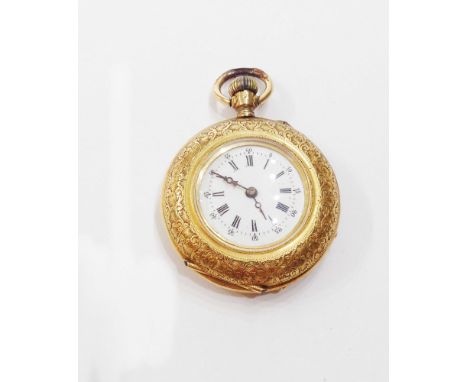 A marked 18K yellow metal cased fob watch by Urban Jergensen &amp; Sons, Copenhagen with engraved decoration, initials to bac