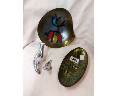 Two Italian enamel on copper dishes with abstract designs and two Canadian cast aluminium sculptures depicting seals - sold w