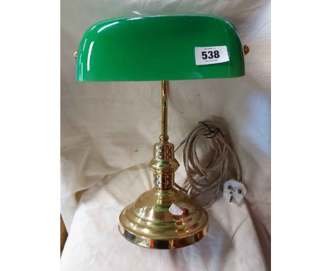 A modern Lloytron banker's style lamp with green glass shade and brassed metal finish