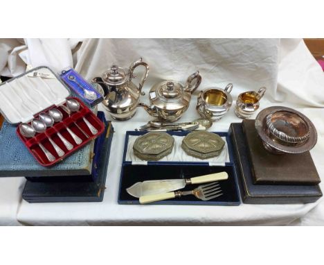 A box containing a James Dixon silver plated four piece tea set, cased cutlery and other items