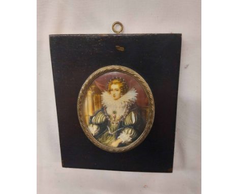 A modern portrait miniature on resin panel, depicting an Elizabethan seated female figure - marked S.T.M.A.