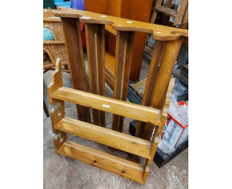 A 98cm vintage oak wall hanging plate rack with four shelves - sold with a similar small pine shelf