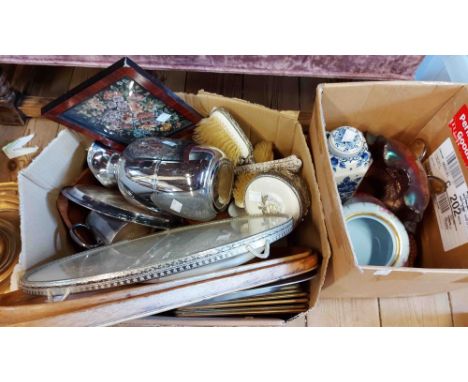 Two boxes containing a quantity of assorted collectable items including dressing table set, large wooden bowl, vintage chrome