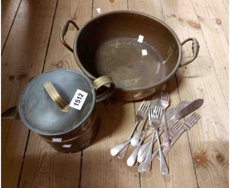 A copper preserving pan with cast brass handles - sold with a lidded copper jug and a small quantity of silver plated cutlery