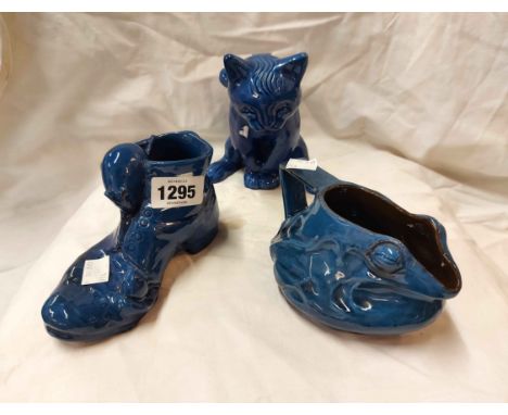 Three pieces of C.H. Brannam pottery items comprising seated cat figurine, frog pattern jug and novelty mice on a boot form v