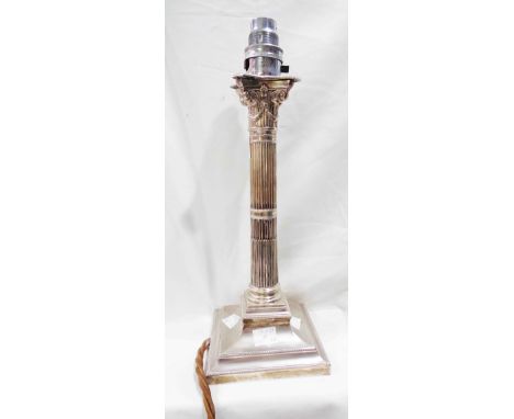 A 27.5cm silver Corinthian column candlestick converted into a table lamp with applied light fitting and drilled base