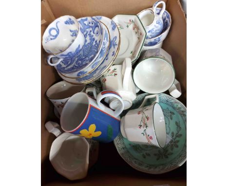 A box containing a quantity of assorted ceramic items including Royal Worcester blue transfer printed teaware including cups 