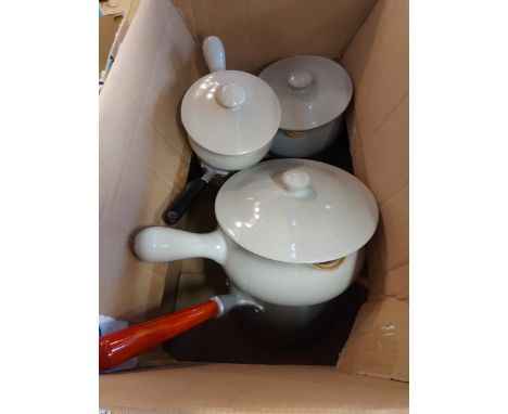A box containing three vintage Denby stoneware lidded saucepans with three associated aluminium base pans