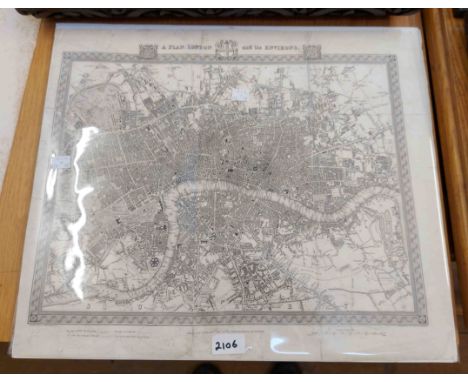 An unframed mounted Plan of London and its Environs (circa 1842) by R. Creighton and engraved J &amp; C Walker - 38cm X 46cm