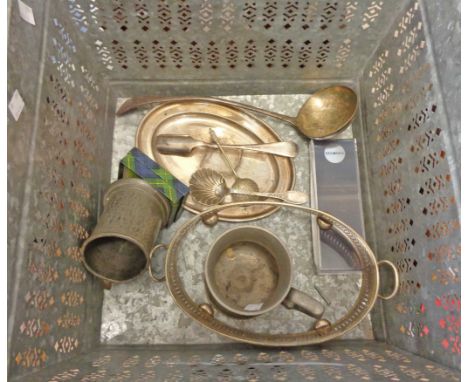 A pierced metal basket containing a small quantity of silver plated and other items including large ladle, Elkington dishes, 
