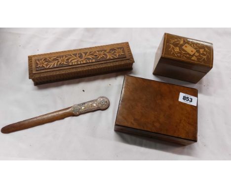 An old dome top card box with inlaid playing card decoration to lid, a burr walnut veneered lift-top card box and a Swiss car