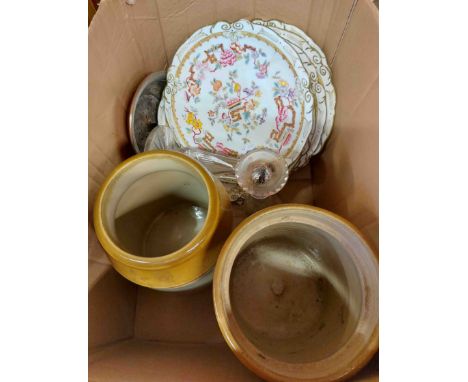 A box containing a quantity of assorted ceramic and glass items including a set of eight Hammersley plates, stoneware storage