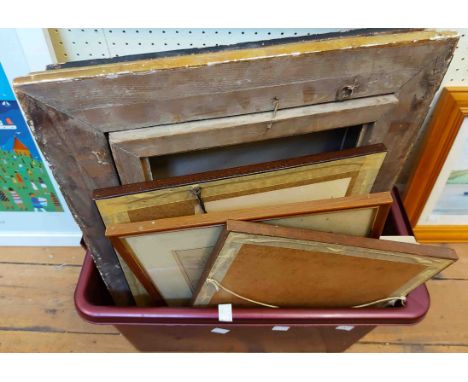 A crate containing a selection of assorted pictures, prints and a frame including a watercolour portrait, Randolf Caldecott p