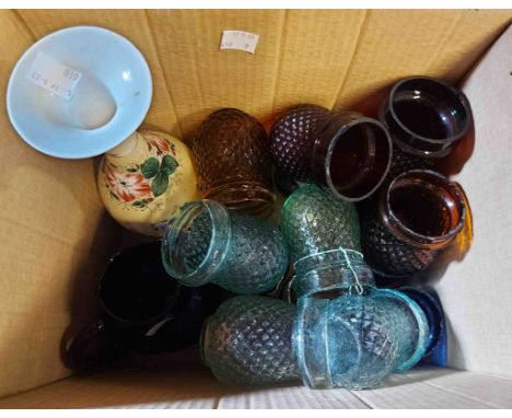 A box containing a quantity of coloured glassware including moulded night light holders, Bristol blue jug, etc.