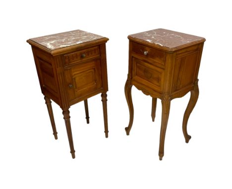 Early 20th century French walnut pot cupboard or bedside lamp table, with rouge marble top over single drawer and cupboards, 