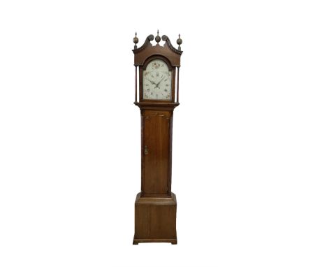 Scurr of Thirsk - oak cased 30hr longcase clock c1790, with a swans neck pediment and three wooden gesso finials, break arch 