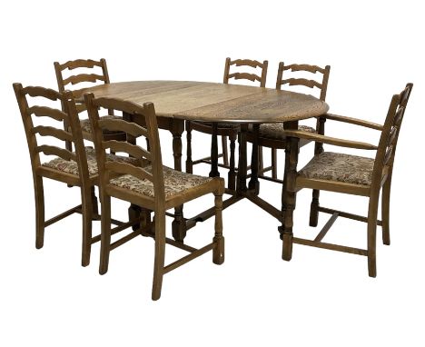 Mid-20th century elm and beech drop-leaf dining table, oval top raised on turned gate-leg supports (W152cm D107cm H75cm); and