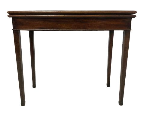 George III mahogany card table, rectangular fold-over top revealing inset baize surface, on square tapering gate-leg supports