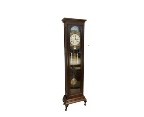 20th century -  mahogany cased 8-day longcase clock, with a flat top and fully glazed case door, stepped base raised on cabri