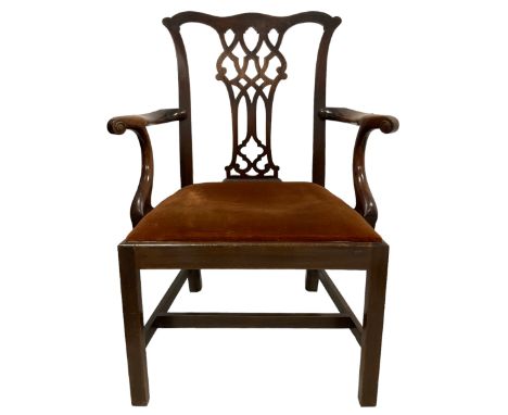 George III mahogany elbow chair, shaped cresting rail over Gothic Chippendale design splat with pierced decoration, shaped ar