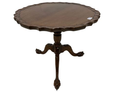 Georgian design mahogany tripod table, circular piecrust tilt-top on turned and twist carved pedestal, three flower head carv