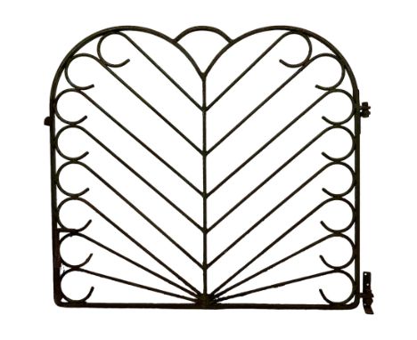20th century wrought metal garden pedestrian gate, shaped form with fanned scrolling metal decorationDimensions: Height:&nbsp