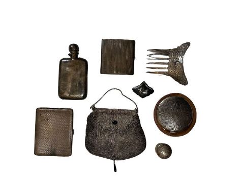 Silver items to include a 1920s mesh purse, an engine turned compact, a brooch, a mantilla comb with London Hallmark and W B 