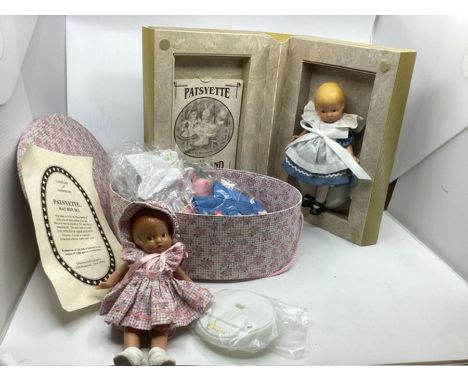 Vintage Effanbee Patsyette doll sets to include the hat set box and 8&rdquo; patsy is in a summer dress set with additional o