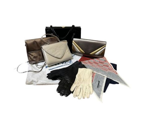Vintage accessories to include a collection of belts, 3 pairs of leather gloves, a dagger point silk scarf by Jacqmar, an equ