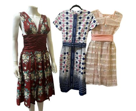 1950s fashions to include a rose print dress by Sambo fashions, a cotton shirtwaist dress with polka spot and stripe print an
