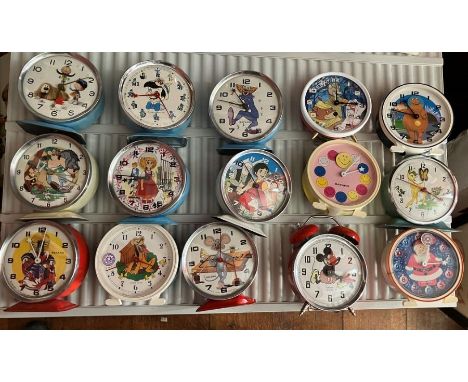 Selection of&nbsp; 15 Vintage Bayard wind up alarm clocks, including: Magic Roundabout, Pinocchio, Asterix The Gaul, Micky Mo