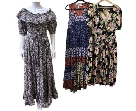 A 70s&nbsp; Laura Ashley maxi dress with floral print and gypsy neck, Made in Wales, an 80s John &amp; Pill collection floral