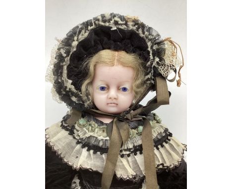 Antique c 1870 19thC wax doll 19&rdquo; ; unmarked, possibly Meech ,poured wax doll with shoulder head. Detailed azure blue g