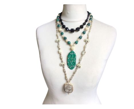 A collection of 1920s and 30s necklaces along with a pair of art deco enamel and diamante earring drops. Included in the lot 