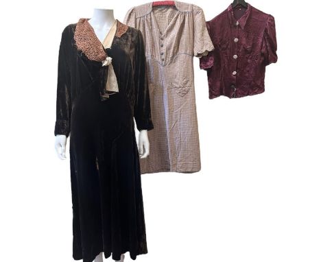 1930s fashions to include a late 30s blouse in claret satin, a plaid day or house dress with heart pockets and a formal dress