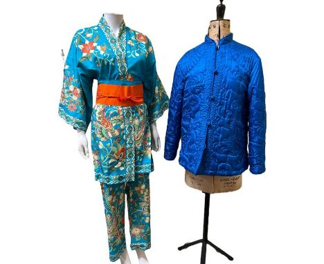 A 1960s Japanese silk pyjama set in the 1920s beach pyjama style consisting of trousers kimono style jacket, an orange obi st