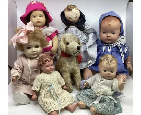 Vintage dolls group, to include Cloth felt composition and a 1950s Chiltern dog with label and his red bow, with dolls from 1