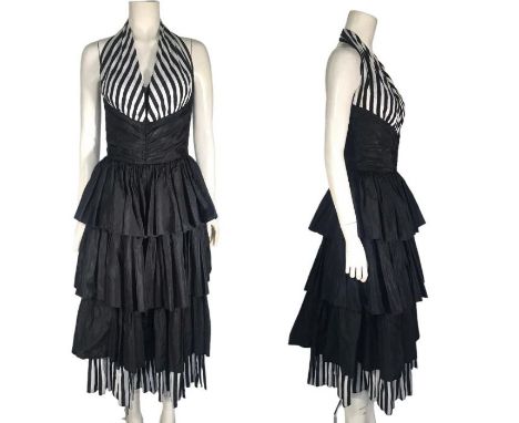 A late 40s/ early 50s rayon acetate taffeta dress with striped halter neck and tiered skirt, a picture collar 1950s cotton da